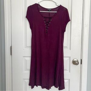 Express Front Lace Up Trapeze Hem Cotton Dress - Wine Red